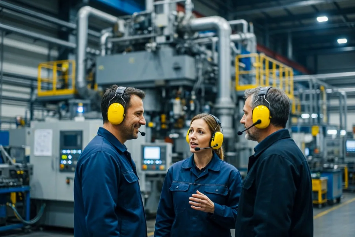 Gespräch mit Headsets in lauter Werkhalle
