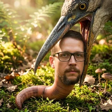 Steven als Regenwurm, kurz bevor ihn ein Reiher aufpickt