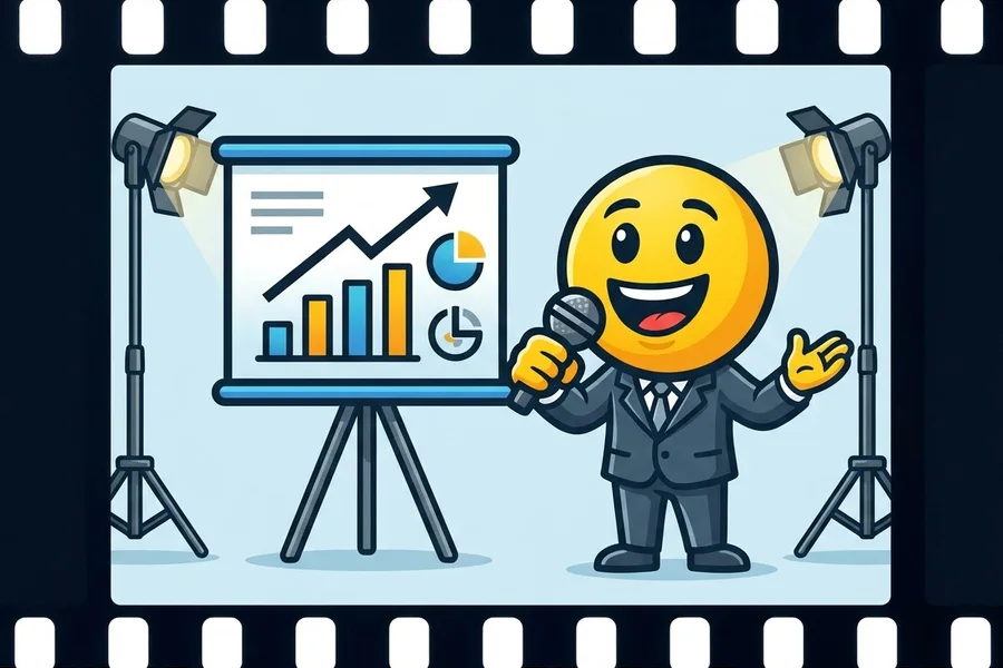 Studio-Edit-Logo: lachender Smiley im Anzug mit Mikrofon vor einer Präsentationstafel, links und rechts Studioleuchten, in einem Filmstreifen