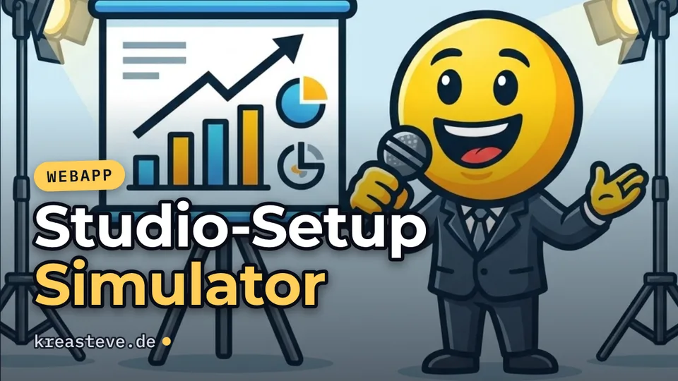 Video-Thumbnail: lachender Smiley im Anzug mit Mikrofon zwischen Studioleuchten, Titel „Studio-Setup Simulator“